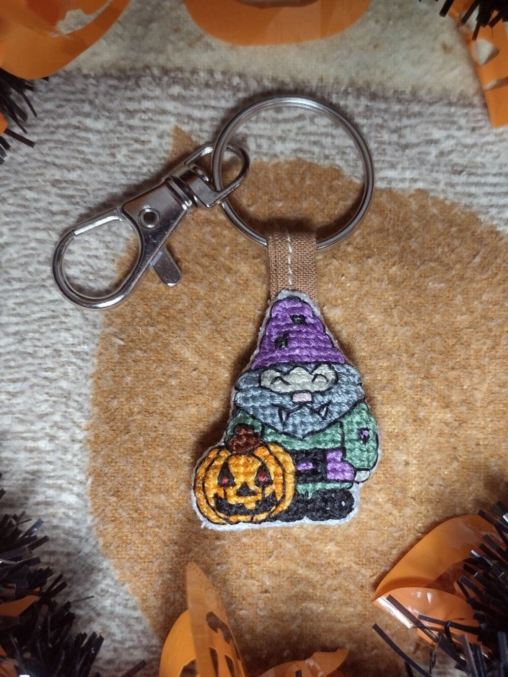 Happy Gnome Vampire Halloween Keychain, Handmade Cross Stitch Bag Purse Charm